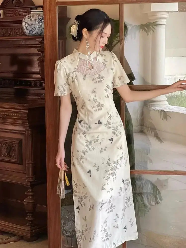 2023 Beige Improved Embroidery Cheongsam Vintage Elegant Dress Trumpet Sleeve Slim-fit Mid Long Qipao Traditional Chinese Dress - Seprincess