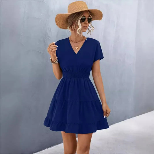 Summer Solid Color Dress For Women Fashion Rose Red V Neck Short Sleeve Ruffle Patchwork A-Line Dress Vestido De Mujer 2024 - Seprincess