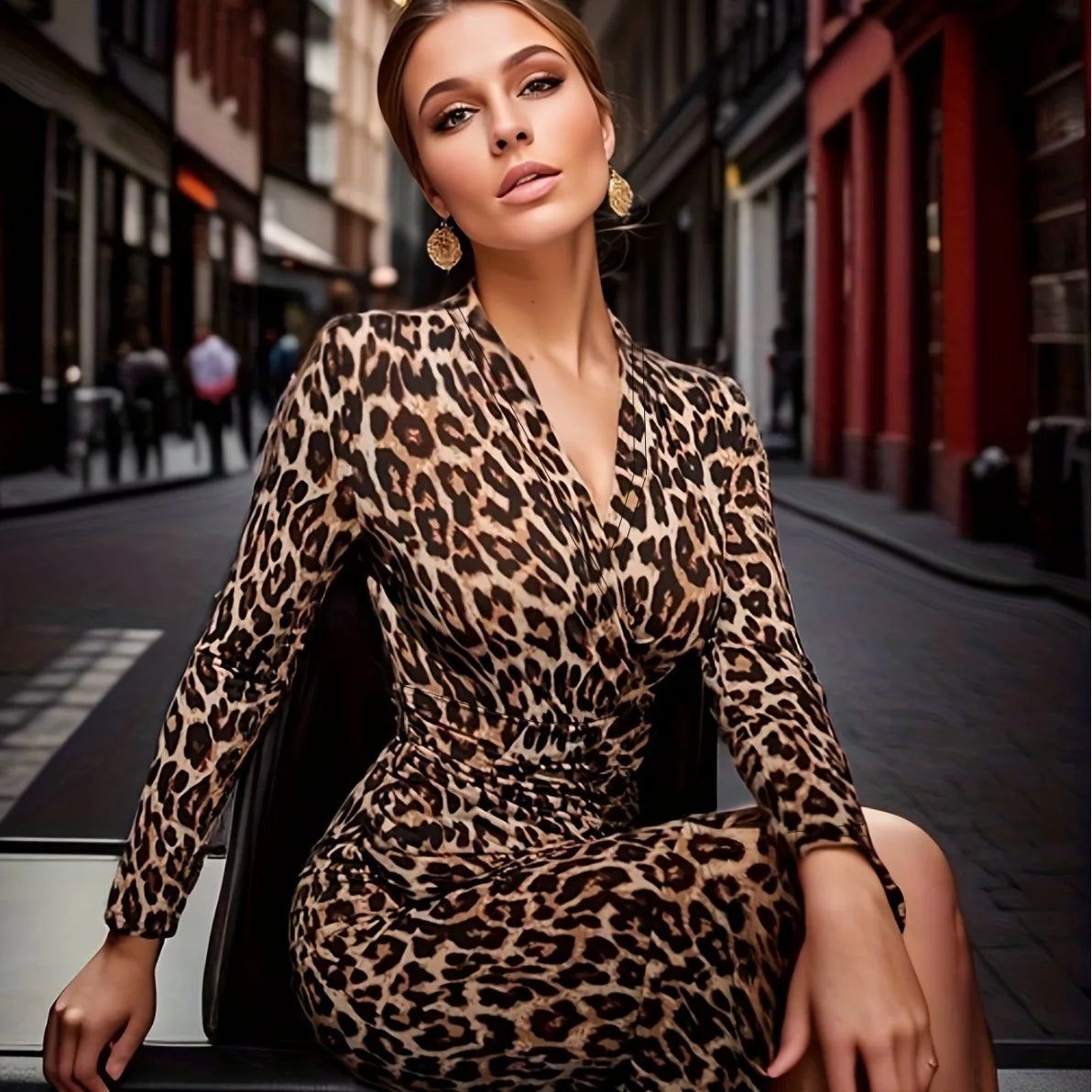 2024 Autumn/winter New Women's Long Dress Sexy Leopard Print V-neck Long Sleeve Tight Slit Bag Hip-covering Skirt Hottie Style - Seprincess