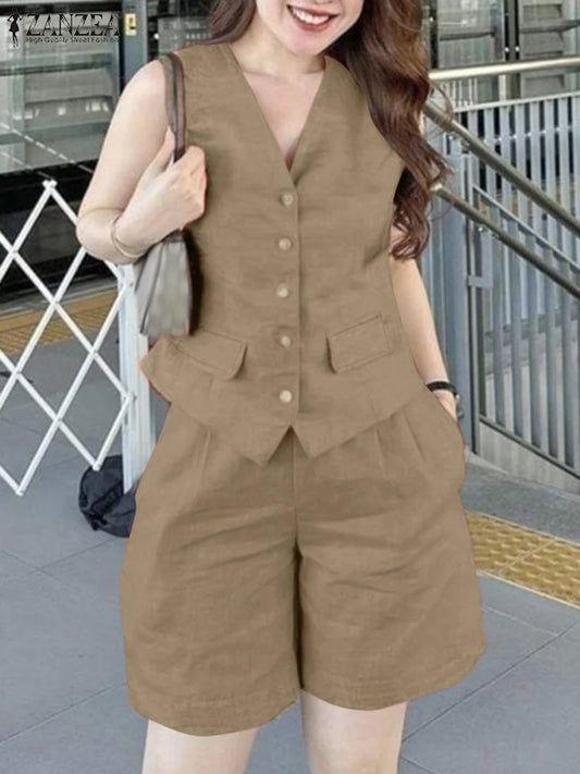 ZANZEA Women Casual 2pcs Outfits Commute Korean Style 2024 Summer Sleeveless Vests Short Sets Elastic Waist Shorts Office Suits - Seprincess