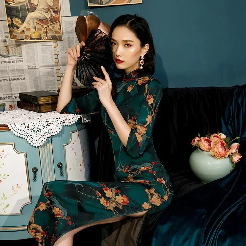 Old Shanghai Green Slim Cheongsam Spring Summer 2024 New Vintage Chinese Style Temperament Young Girl Short Sleeve Qipao Dress - Seprincess