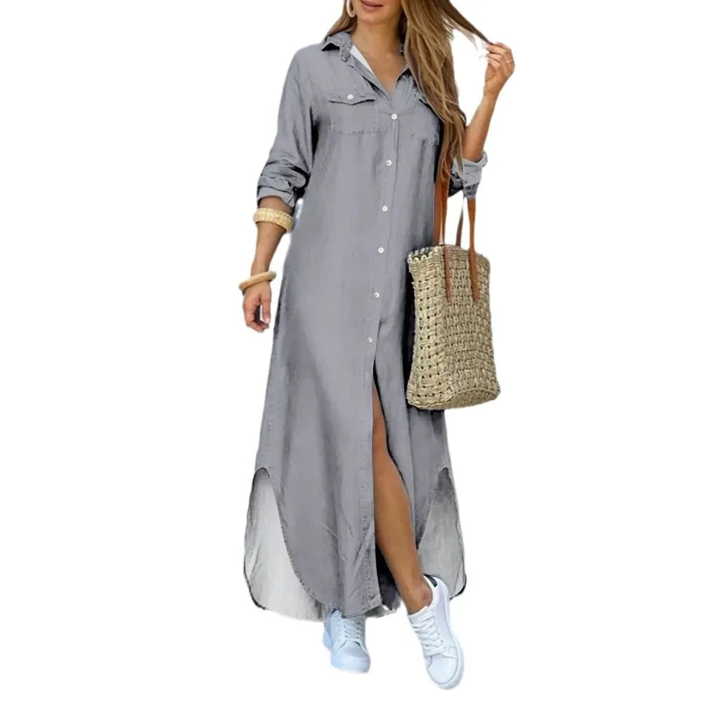 Women Blouse Dress Summer Fashion Female Pocket Button Long Sleeve Long Maxi Party Dresses LRFZ-9386 - Seprincess