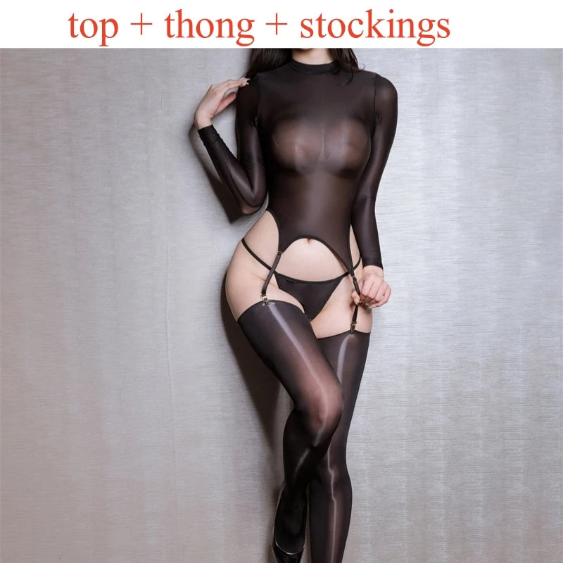 New Oil Shiny Silky Transparent Catsuit Bodysuit Women Sexy Open Crotch Full Body Stockings Fetish Cosplay Costumes