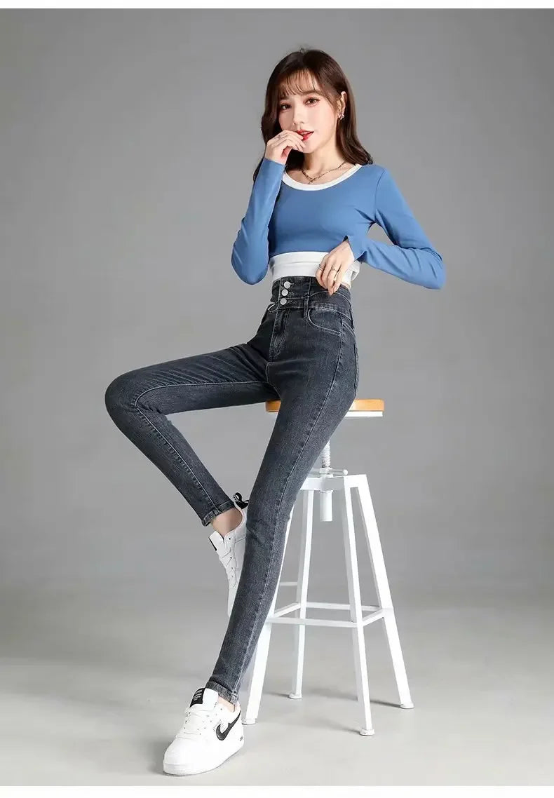 Thickened High-waisted Fleece-lined Jeans Women's Black Grey Slimming Winter 2021 New Style Tightening Integrated Velvet Pants