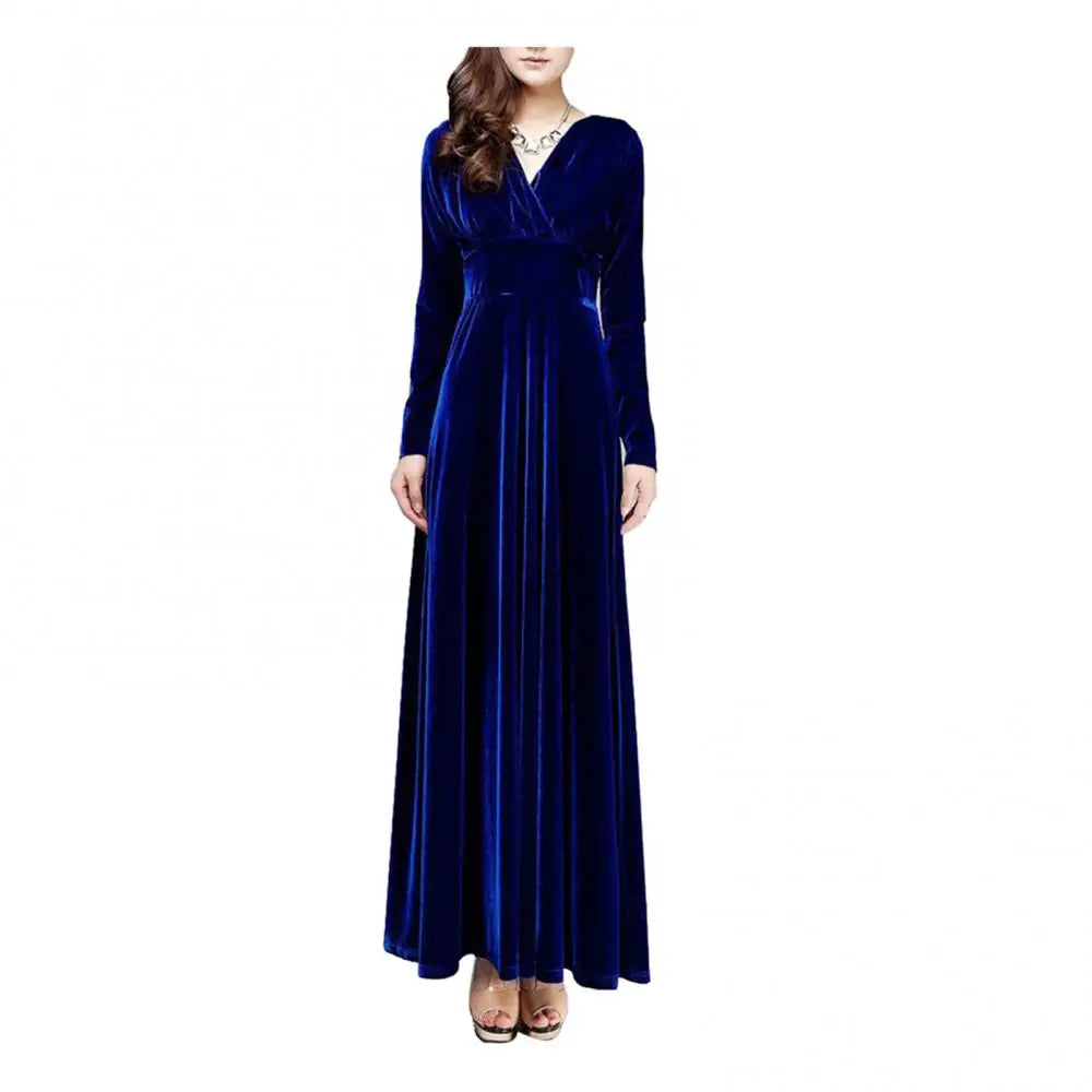 Vintage Women Autumn Long Sleeve V Neck Pleated Velvet Banquet Party Maxi Dress Party Wedding Elegant Evening dress? - Seprincess