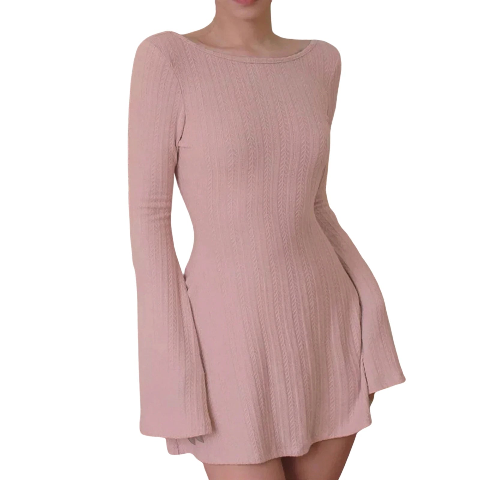 Women Casual A-line Mini Dress Autumn Elegant Long Sleeve Crew Neck Backless Solid Color Short Dresses for Office Lady Dailywear - Seprincess