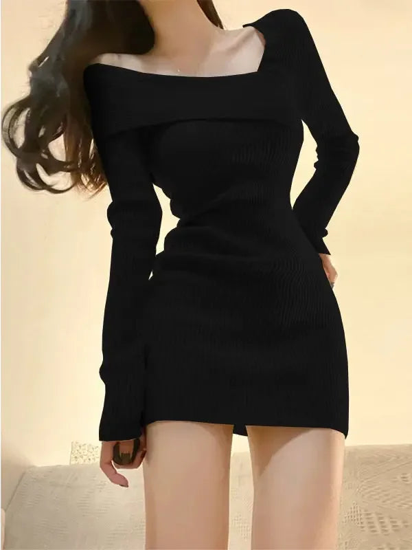 Korean Style Mini Knitted One-piece Dress Women Coquette Sexy Long Sleeve Tunic Cabaret Dresses Khaki Winter Clothes - Seprincess