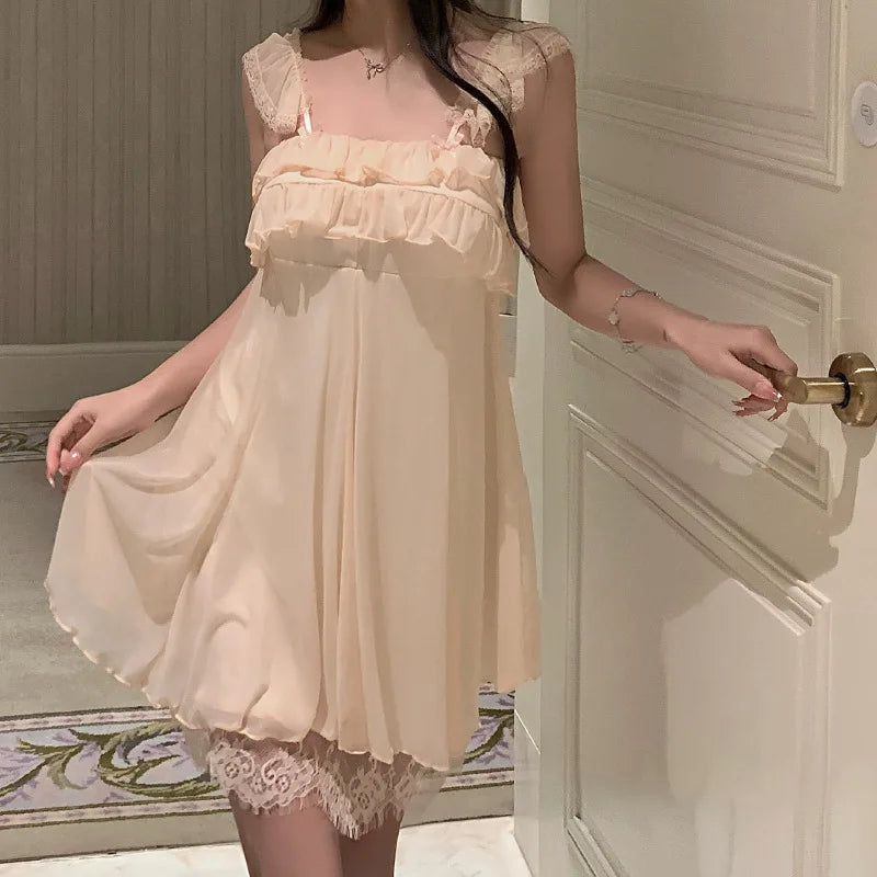 Women Nightgowns Satin Silk Spaghetti Strap Sleeveless Sleepwear Lace Nightwear Dress Sexy Lingerie Gown Homedress Nightdress - Seprincess