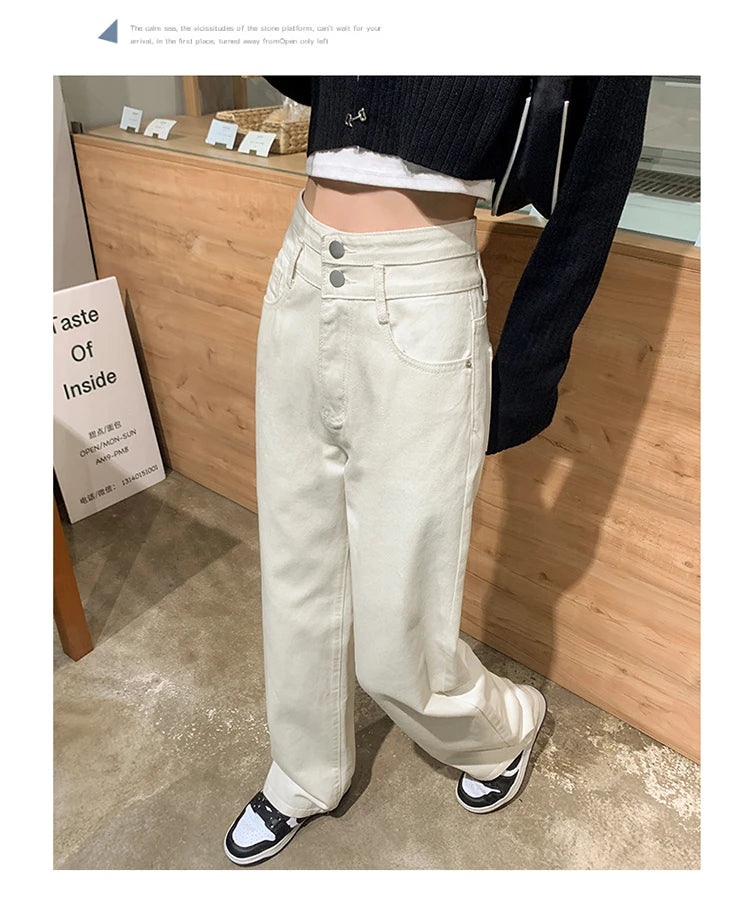 Denim Jeans Women Casual Fashion Button Design Pants Loose Straight Brand High Quality New Arrivals Trousers