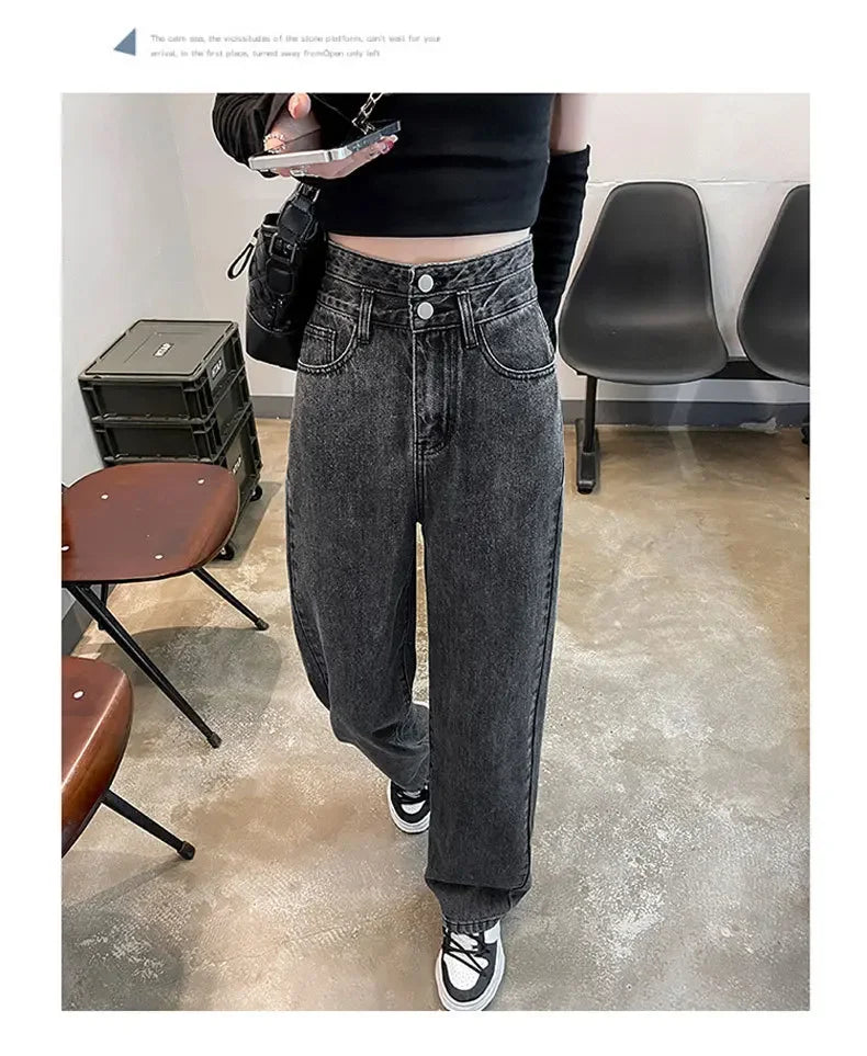 Niche High-waist Double-button Slimming Women's Jeans Charcoal Grey Loose-fit Versatile Petite Length Denim Trousers