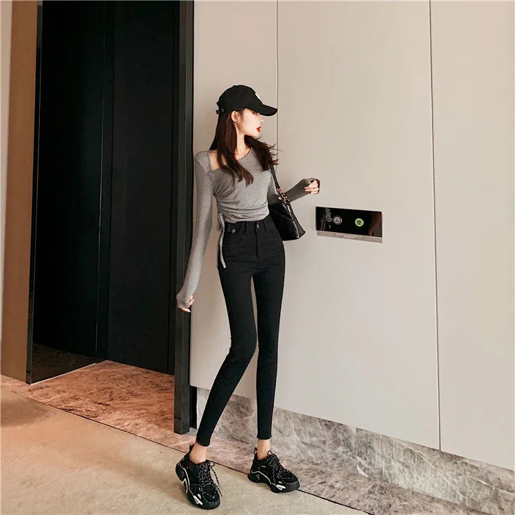 Jeans Women Spring 2023 Fashion Beige High Waist Leggings Skinny Label Pencil Pants Boots Pants