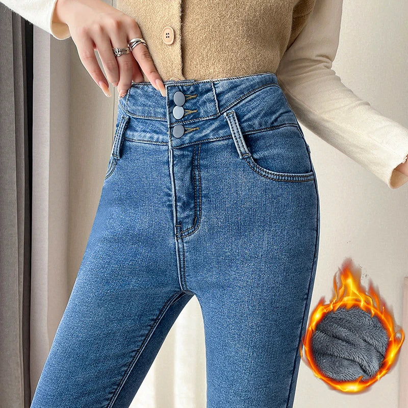 Black Fleece Warm Women Winter Jeans Thickened High Waist Multi-button Skinny Stretch Denim Pants Fashion Korean Female Trousers