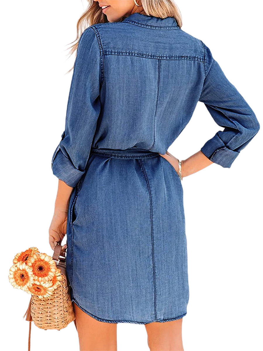 Fashion Women Casual Denim Dress Solid Color Long Sleeve Button-Down Lapel Short Dress with Belt Shirts Dress - Seprincess