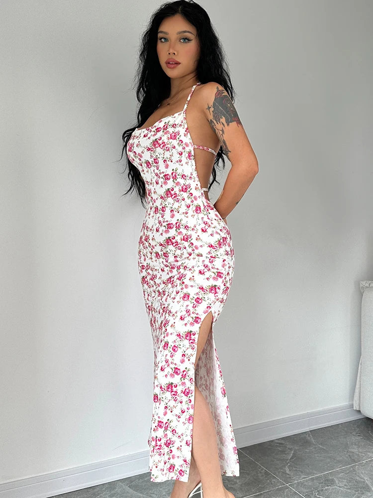 Dulzura Lace Up Halter Floral Long Dress For Women Backless Bodycon Midi Dress Sexy Party Club Outfit Streetwear Sundress Summer