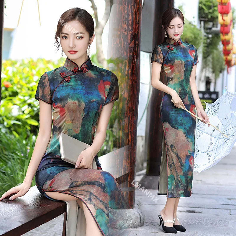 Summer Long Cheongsam Vintage Qipao Silk Fashion Daily Women Dress Slim Party Costume Dresses - Seprincess