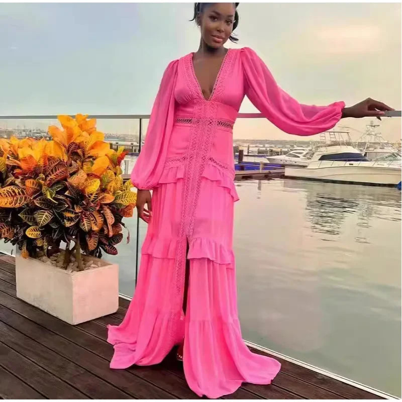 Women Elegant Layered Ruffles Patchwork Long Dress Chic V Neck Puff Full Sleeves Split Maxi Dresses Fashion Lady Party Robes