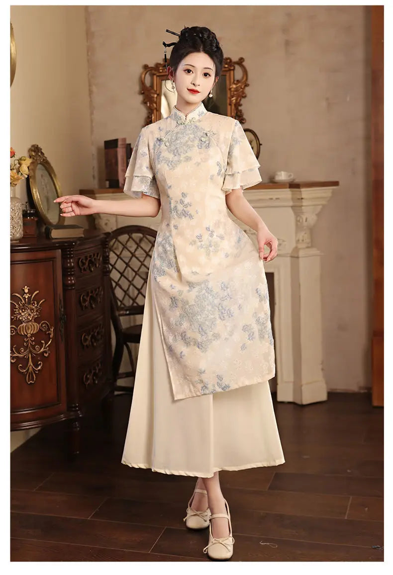 Improved Qipao 2024 New Summer Modern Chinese Style Blue Jacquard Short Sleeve Cheongsam For Women Youth Girls Long Party Dress - Seprincess