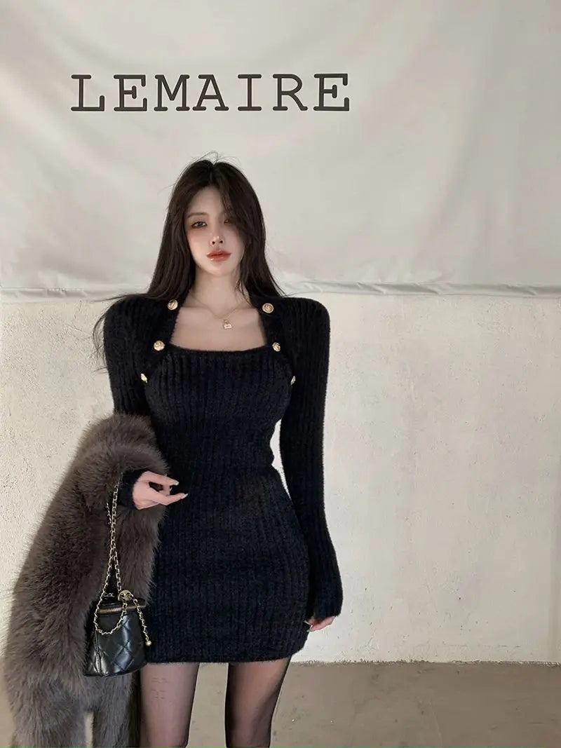 QWEEK Knit Knitted Balck Bodycon Mini Dress 2023 Autumn Winter Korean Fashion Kpop Long Sleeve Short Dresses Streetwear