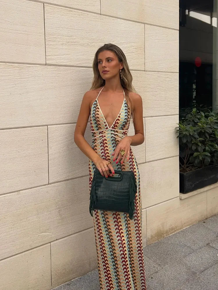 Sexy Contrast Striped Knit Halter Dress Women Fashion Loose Backless Maxi Dresses Summer Chic Female Beach Party Vestidos - Seprincess