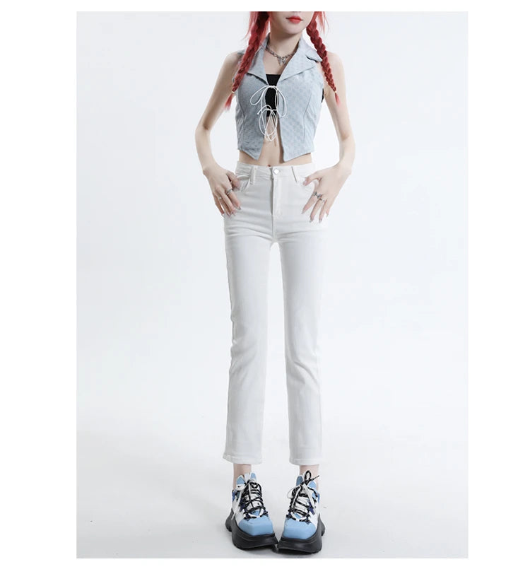 High Waisted Straight Slim Elastic Denim Jeans For Women Smoke Pipe 9,8 Pants Casual Brand Sexy Trousers Female