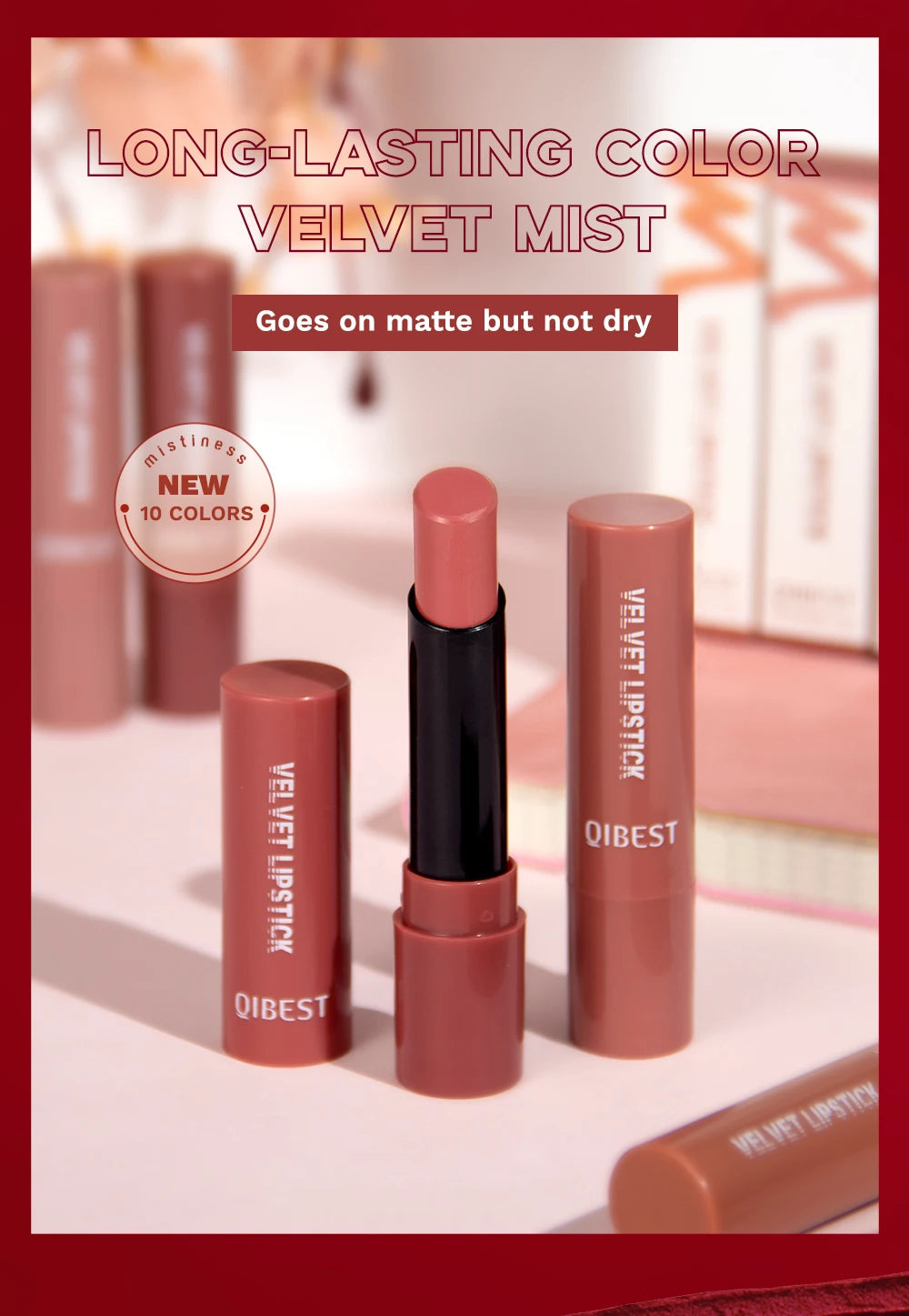 QIBEST Matte Lipstick Long Lasting Velvet Mist Nude Brown Lipstick Non-Stick Cup Classic Highly Pigmented Red Lip Stain Cosmetic - Seprincess