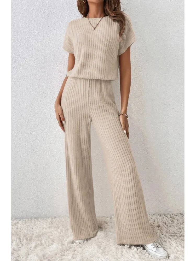 Elegant Short-sleeved Top + Trousers 2-piece Set For Women Fashion Autumn Winter Solid Color Short-sleeved Knitted Suit Female - Seprincess