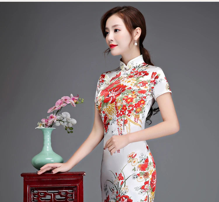 Old Shanghai Elegant Women Satin Qipao Slim 3/4 Sleeve Long Dress New Traditional Chinese Mandarin Collar Cheongsam Vestidos - Seprincess