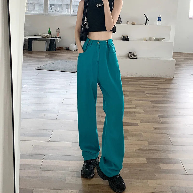 Spring Autumn High Street Network Red Denim Pants Female Y2k Korean Version High Waist Loose Leg Straight Leg Mopping Pants Tide