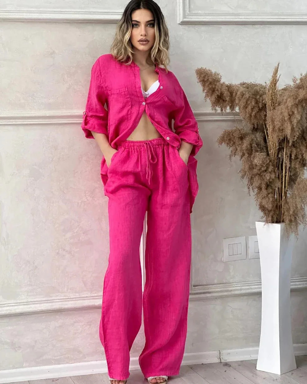 Spring Autumn Two Piece Sets 2024 Women Casual Long Sleeve Pocket Shirts 2 Piece Set Fashion Loose Wide Leg Pants Suit Outfites - Seprincess