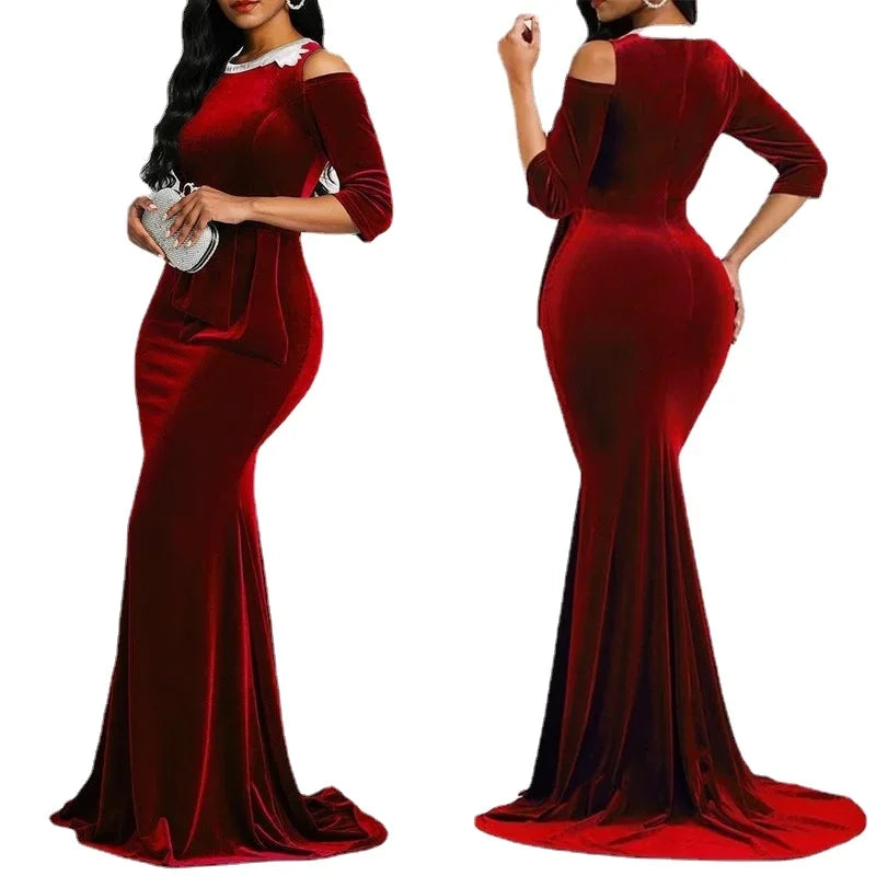 Summer Dress Women 2023 Velvet Mermaid Fashion Ankara Red Dress Vetement Femme Robe Ladies Black Sexy Floor Length - Seprincess