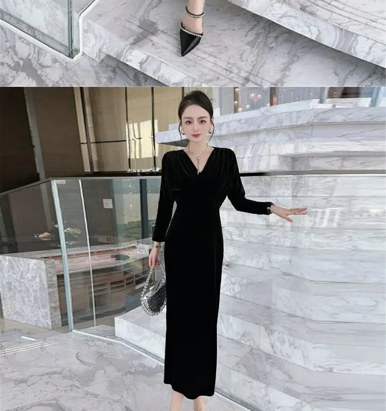 Women Vintage Gold Velvet Ruched Bodycon Elegant Evening Party Dresses Sexy V Neck Split High Waist Long Sleeve Maxi Dress Robe - Seprincess