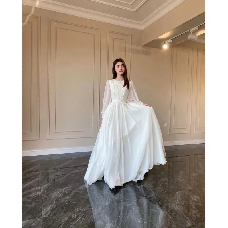 Autumn fashion lantern Pearl gauze white wedding dress crew neck dress - Seprincess