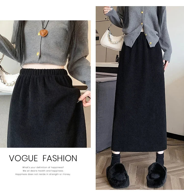 Thickened Fleece-Lined Corduroy Skirt Women's Autumn/Winter 2024 New Medium-Length A- Line Skirt With Side Slit High-Waisted