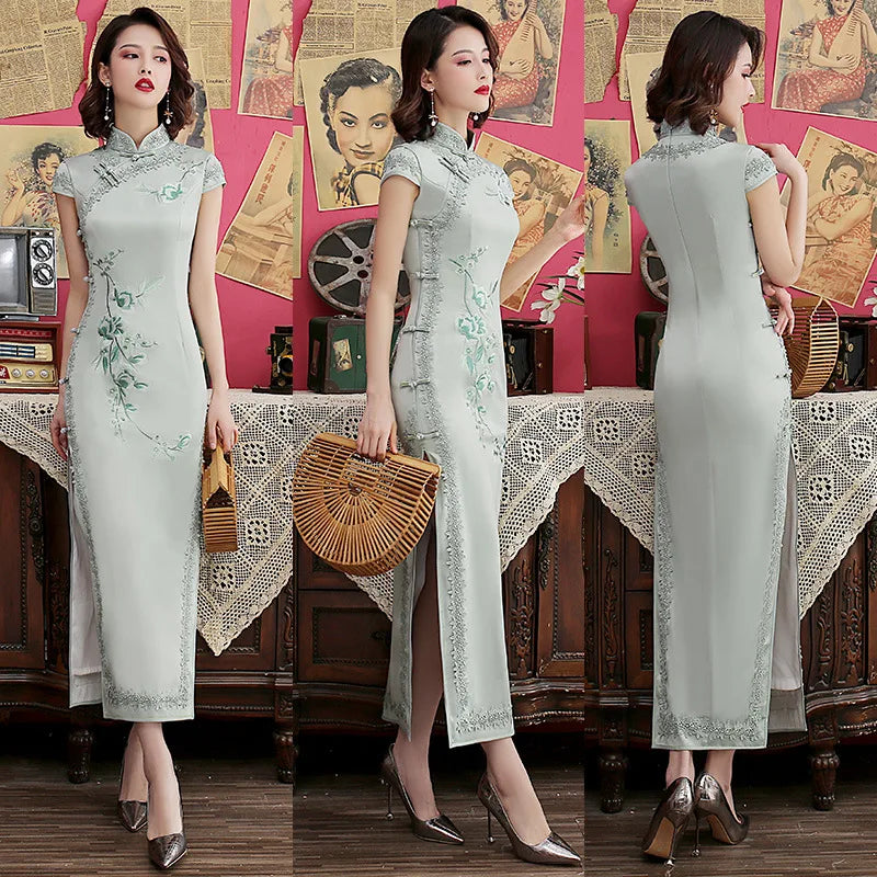 Silk Embroidered Long Cheongsam 2023 New Lace Edge Improved Qipao Chinese Style Evening Dresses Woman Ceremony Dress