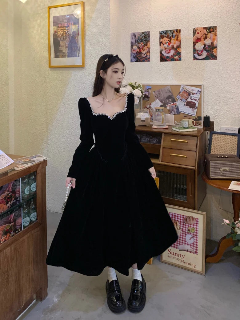 Vintage Evening Party Velvet Dresses for Woman Elegant Fashion Wedding Birthday Prom Long Sleeves Female Clothing Black Robe - Seprincess