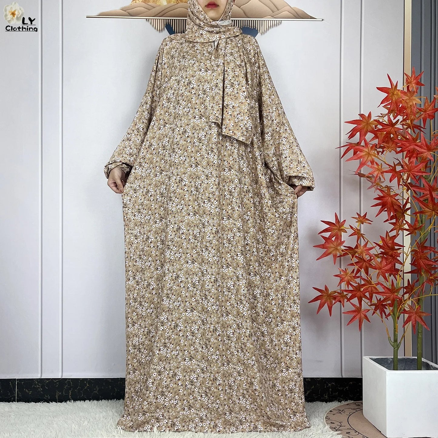 2024Latest Muslim Abayas For Women Ramadan Prayer Maxi Dubai Turkey Femme Cotton Robe Floral Loose African Dress Turban Attached - Seprincess