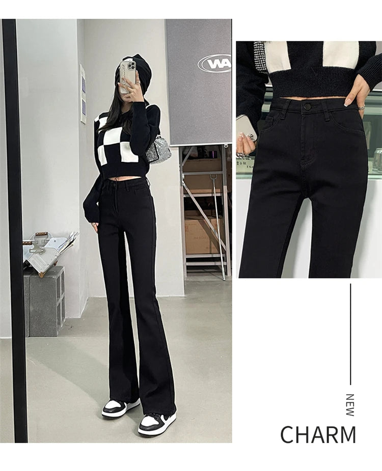 Winter Warm Women's Jeans Fashion Slim Thicken Fleece Flared Pants High Waist Elastic Skinny Velvet Plus Length Female Jeans