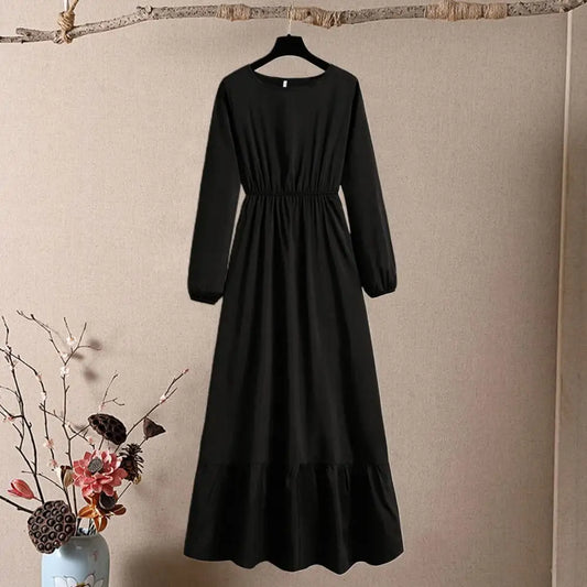 Women Spring Fall Dress Pleated Long Sleeve Round Neck High Waist Loose Hem Dress-up A-line Patchwork Lady Maxi Dress Female Clo - Seprincess