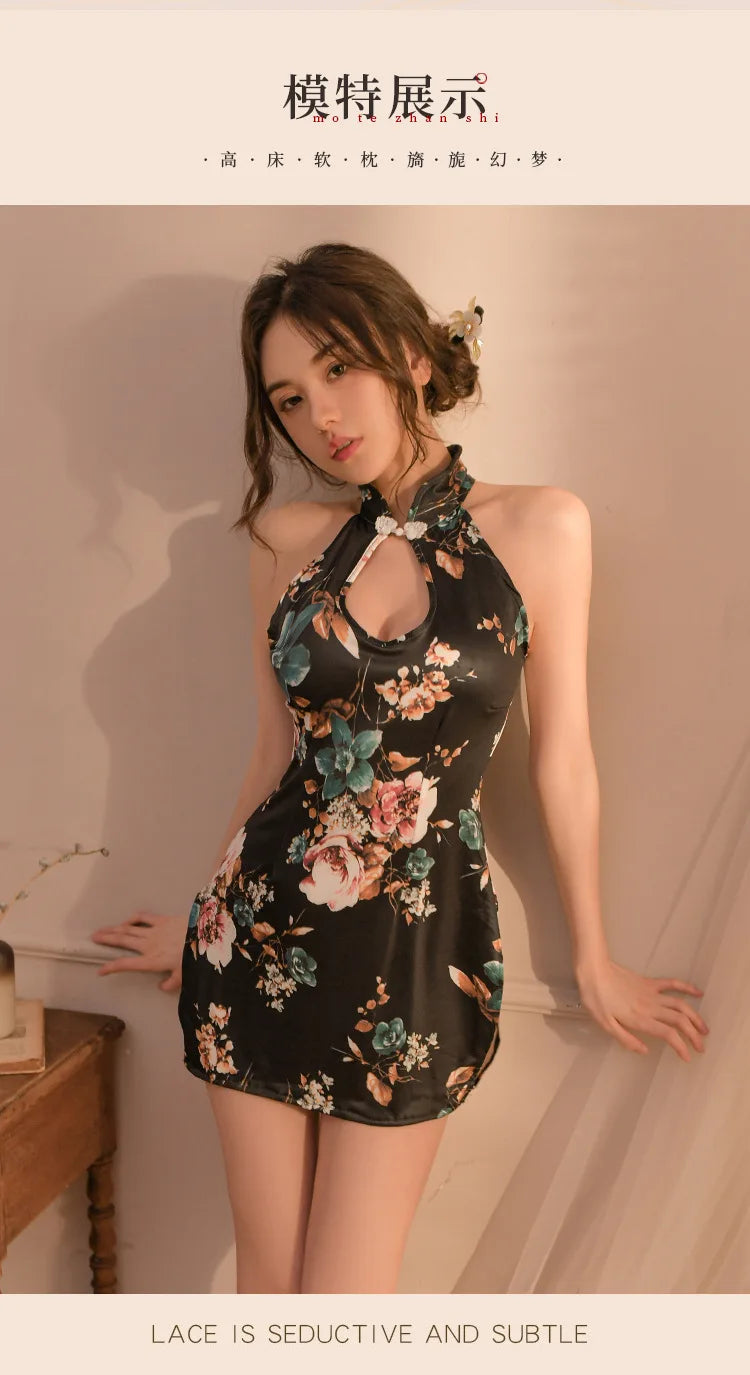 Retro Chinese Cheongsam Uniform Women Embroidered Transparent Cosplay Sexy Lingerie Pornos See Through Mini Qipao Dress Costumes - Seprincess