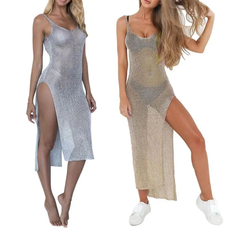 Women Sexy Summer Sunscreen Sheer Mesh Bikini Cover Up Metallic Solid Color Backless High Slit Beach Club Party Sleeveless Dress - Seprincess