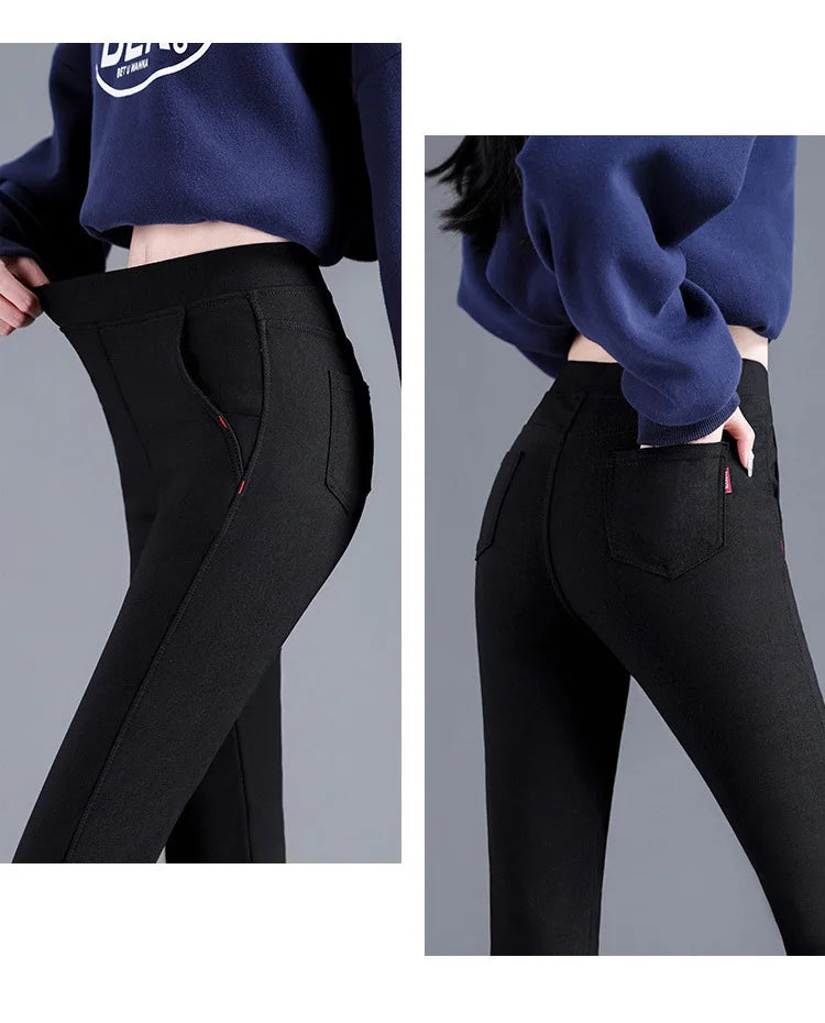 BIVIGAOS New Spring Autumn Skinny Stretch Black Pencil Pants Women Slim Casual Woven Leggings Jeans Korean Pocket Magic Pants