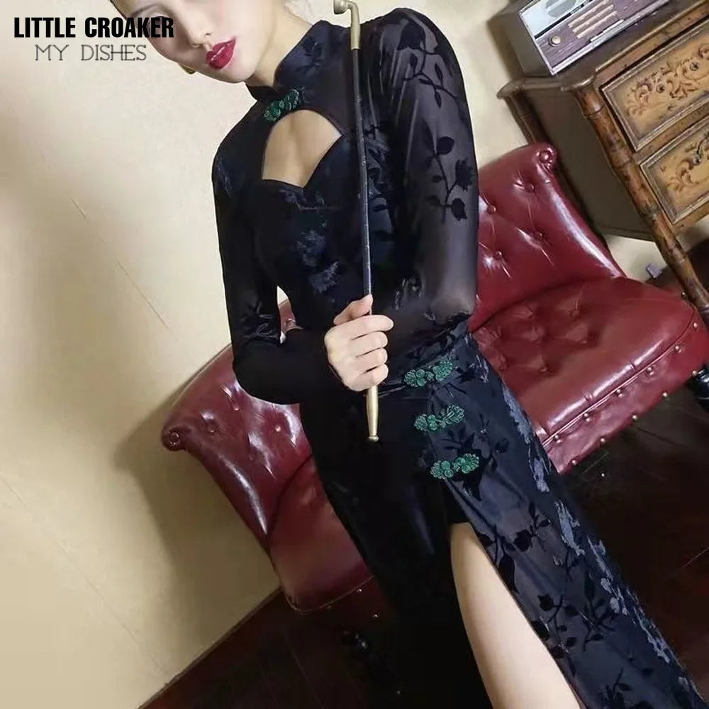 Black Chinese Elegant Dress for Women Vintage Mandarin Collar Female Sexy High Split Long Sleeve Slim Qipao Classic Cheongsam - Seprincess