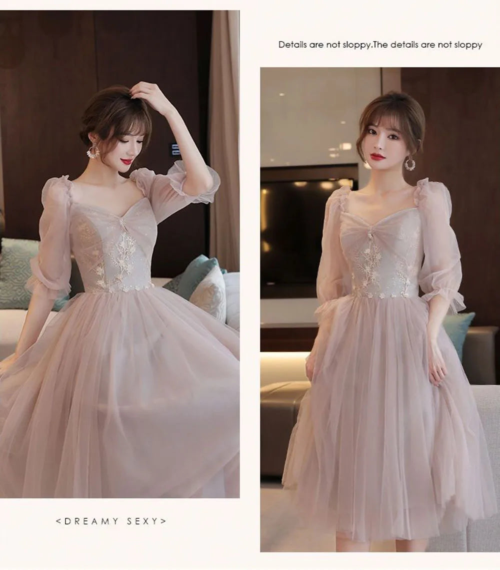 4 Styles Elegant Simple Bridesmaid Dress Women's Tulle Half Sleeves Slim Fit Design A-Line Dress Applique Wedding Party Vestido