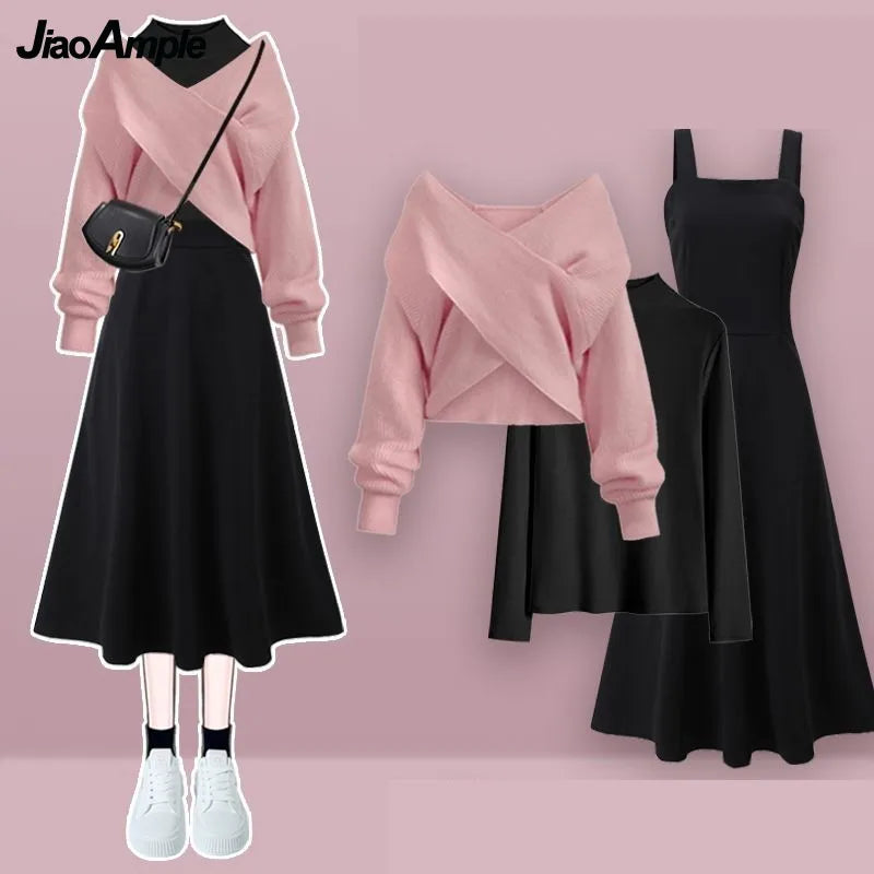 2023 Autumn/Winter New Korean Elegant Matching Set Women's Fashion Cross Knit Sweater+Bottom Shirt+Strap Dress Three Piece Suit - Seprincess