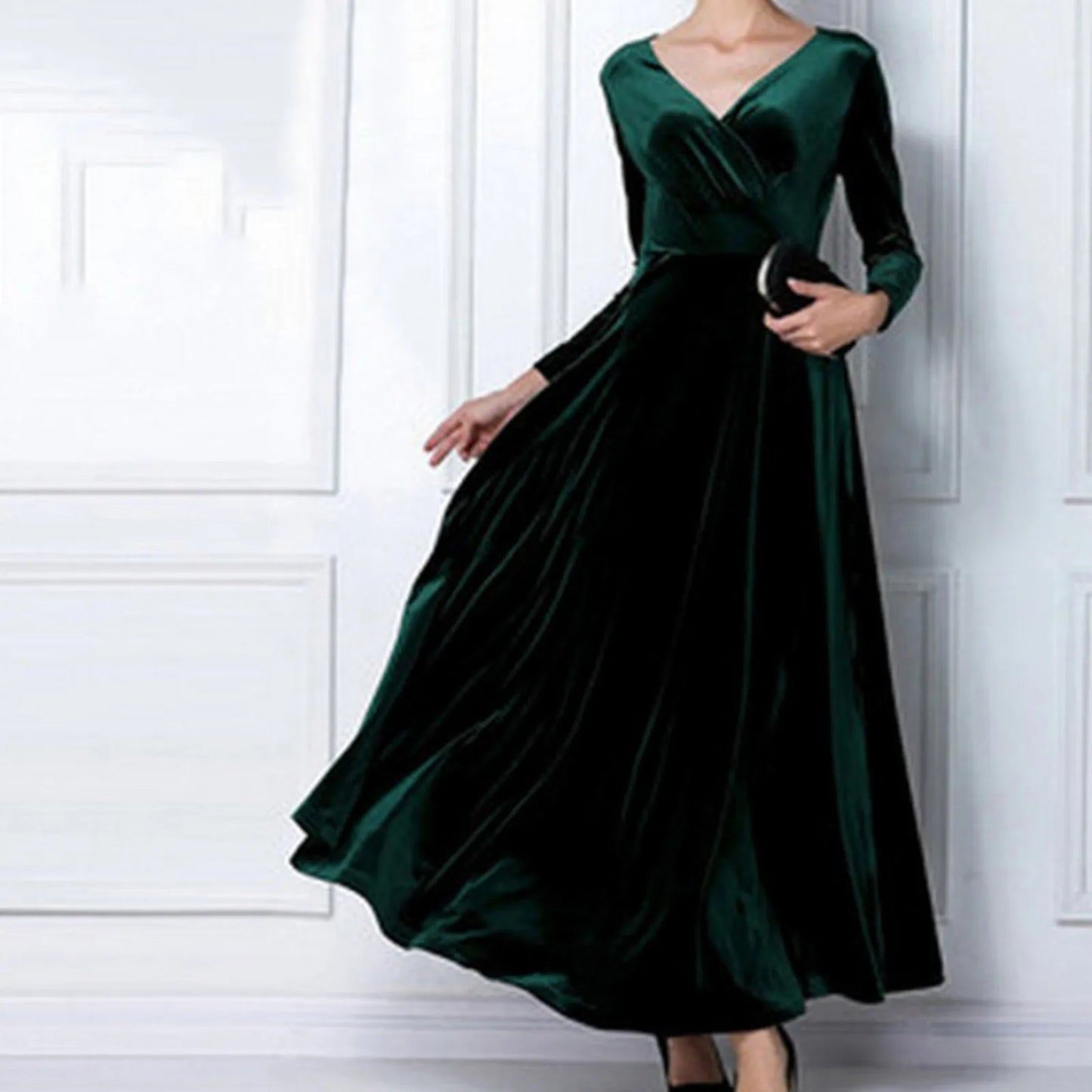 Autumn Velvet Maxi Dress Women Winter Long Party Dress Ladies A Line Velour Elegant Dress for Women V Neck Gold Velvet Dress - Seprincess