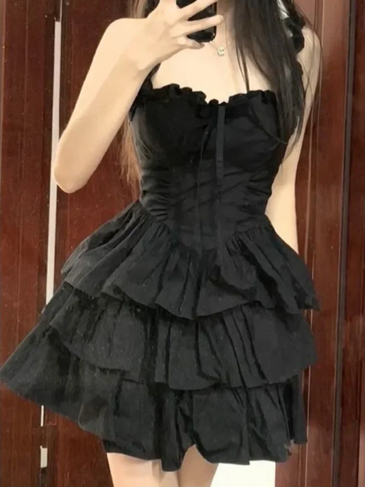 QWEEK Gothic Hrajuku Goth Lolita Kawaii Cute Black Ruffles Dress Soft Girl Y2k Coquette 2024 Fashion Cake Party Short Dresses - Seprincess