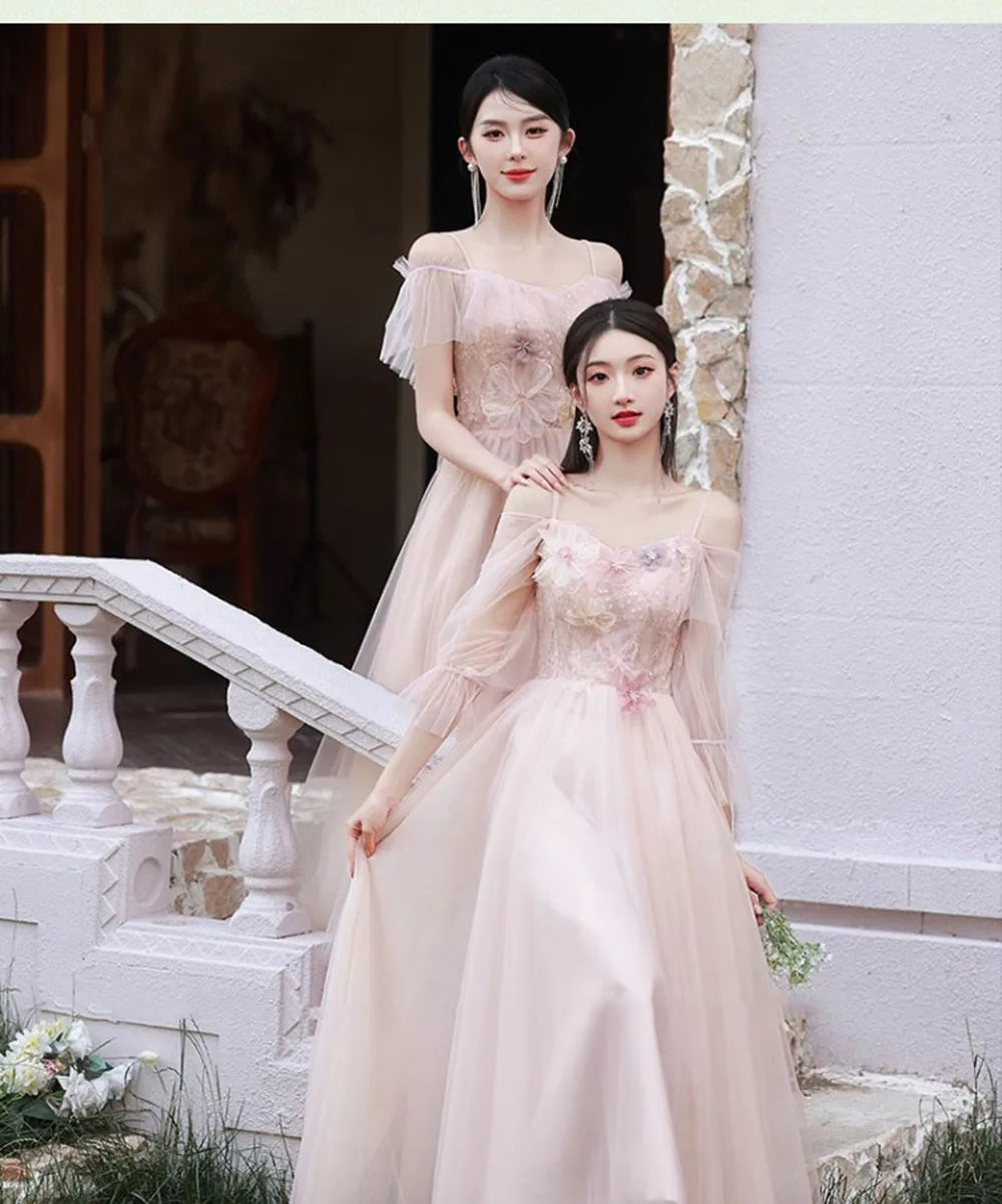 4 Styles Pink Bridesmaid Dress Women's Elegant Thin Tulle Off The Shoulder Flower Appliques A-line Wedding Party Guest Vestido - Seprincess