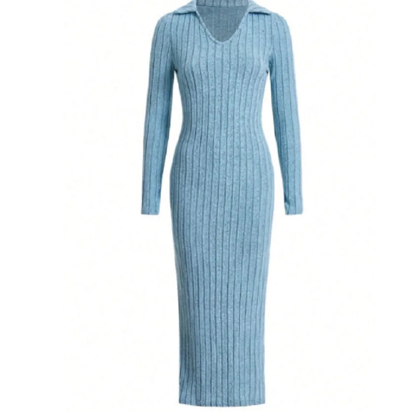 2024 Europe And The United States Autumn And Winter New Knitted Slim-Fit Lapel Long Sleeve Pit Strip Solid Color Tight Dress - Seprincess