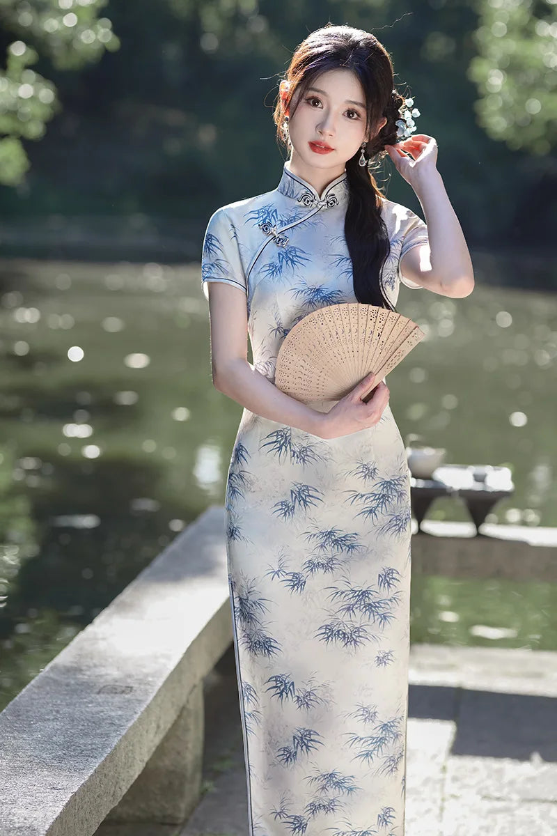 Summer Handmade Printed Satin Long Qipao Traditional Chinese Mandarin Collar Short Sleeve Cheongsam - Seprincess