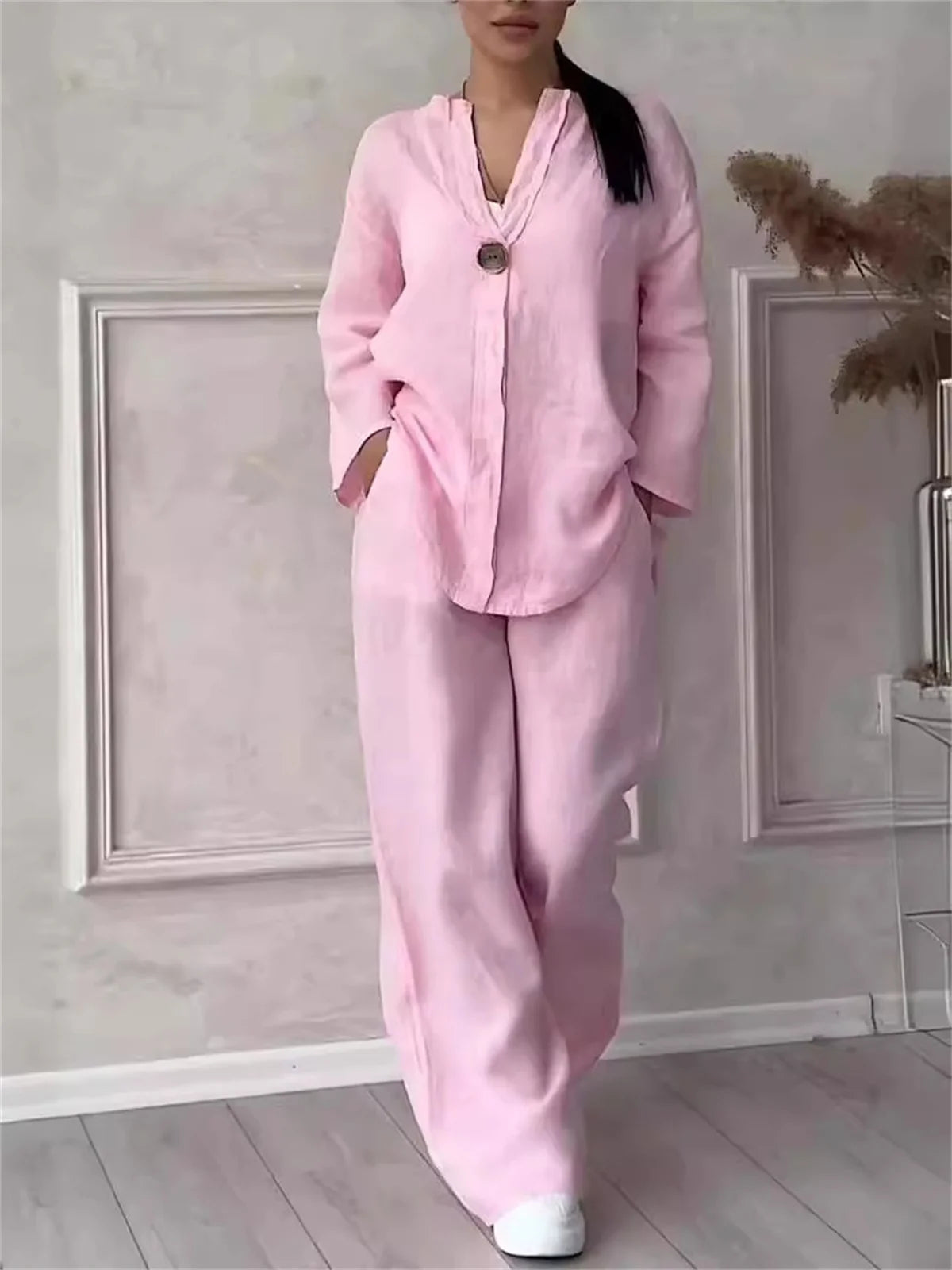 Solid V Neck Loose Suit V Neck One Button Long Sleeve Top Wide-leg Pants Women Outfit Comfortable Two piece Set Casual 2PCS 2024 - Seprincess